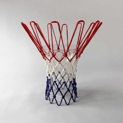 A bin made from a hardened basketball net